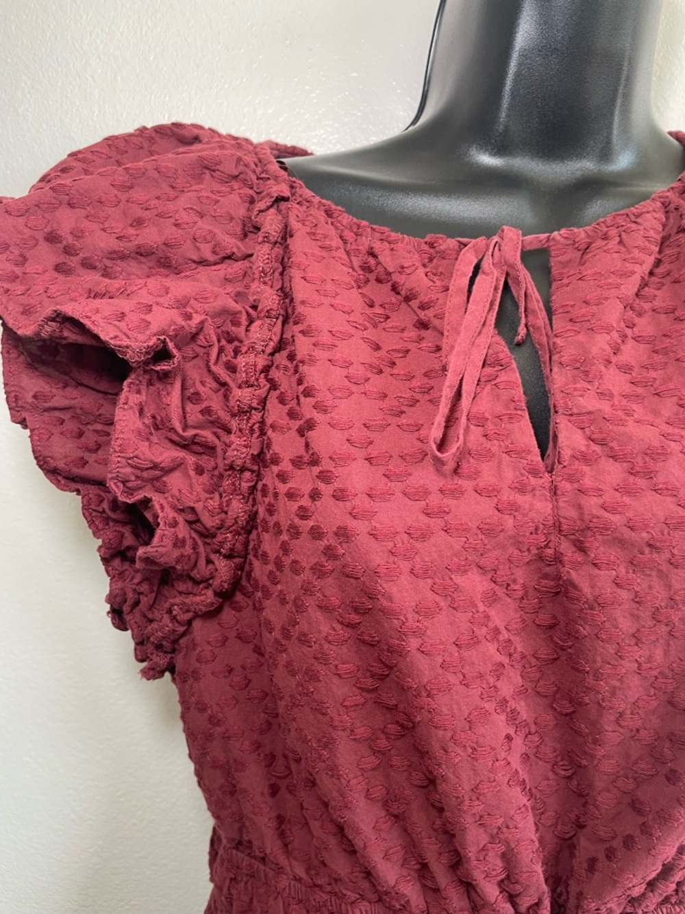 Chelsea & Violet Burgundy Swiss Dot Ruffle Midi Dress Size L (RUNS SMALL) - Picture 5 of 14